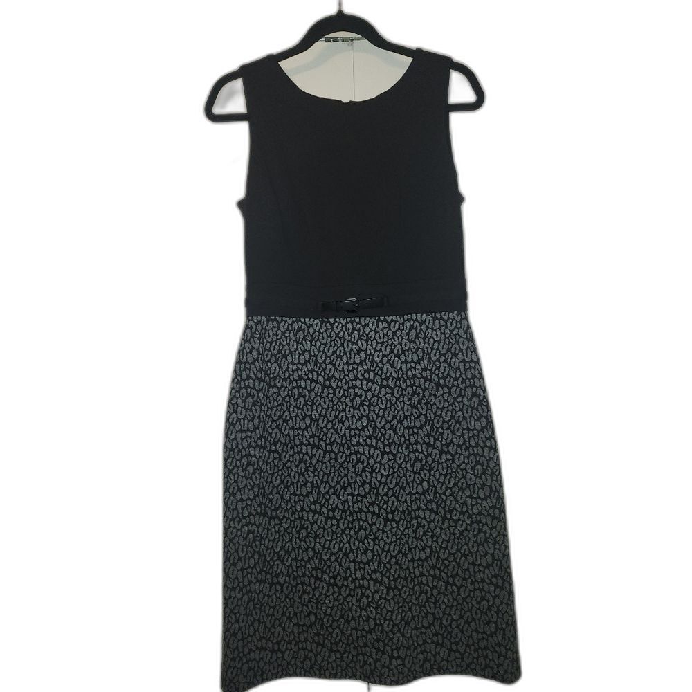 Calvin Klein Black & Gray Leopard Sheath Midi Dress — Size 6, Sleek & Sophistica